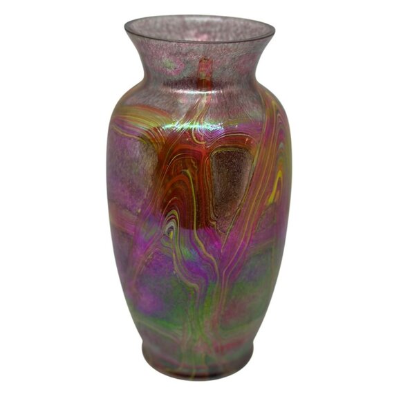 VTG Iridescent Favrile Red Luster Art Glass Vase 9" Tall Made in Taiwan Colorful - Picture 1 of 5